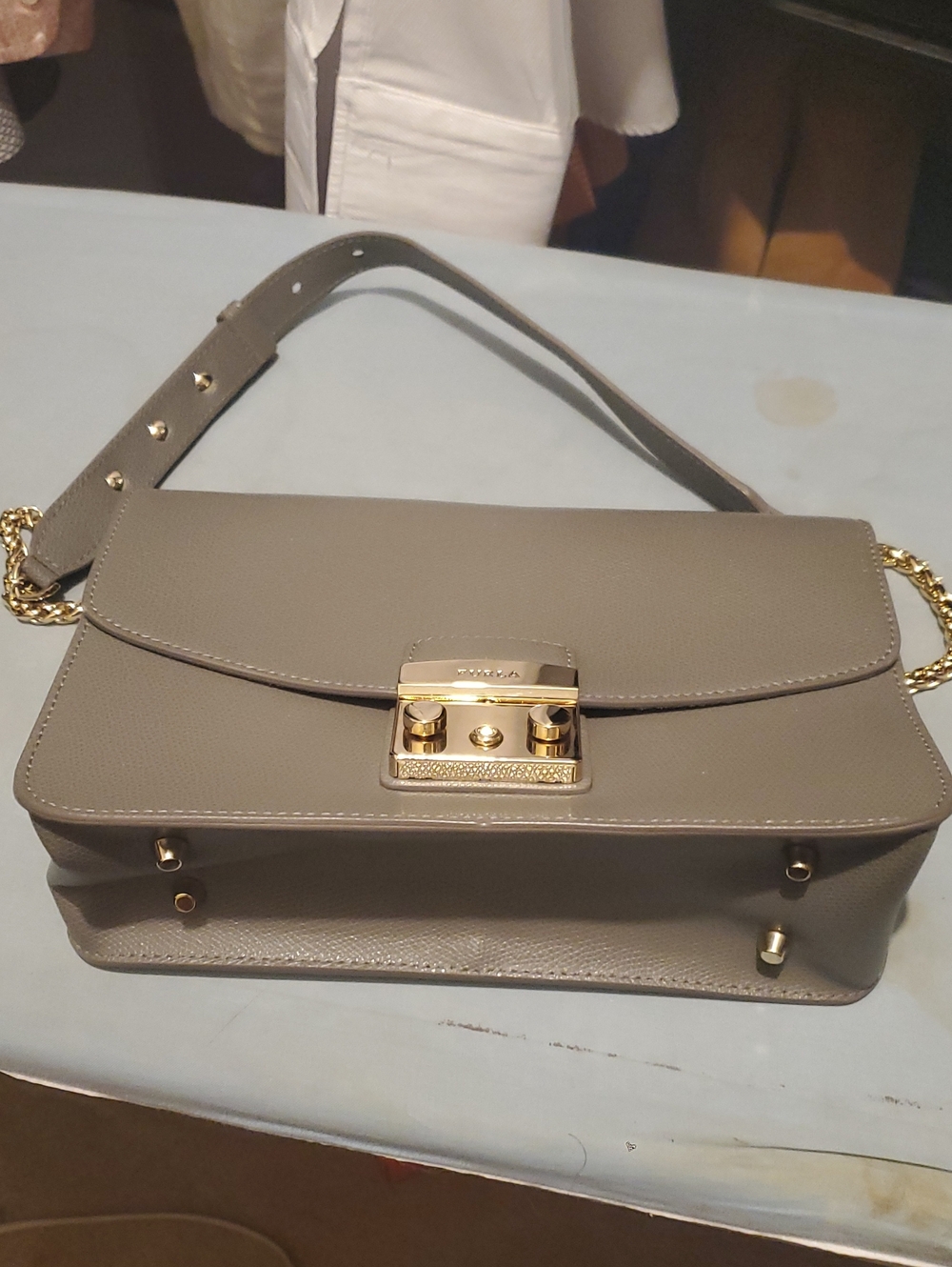 Furla Pebbled Taupe Leather Shoulder Bag with Gold Hardware